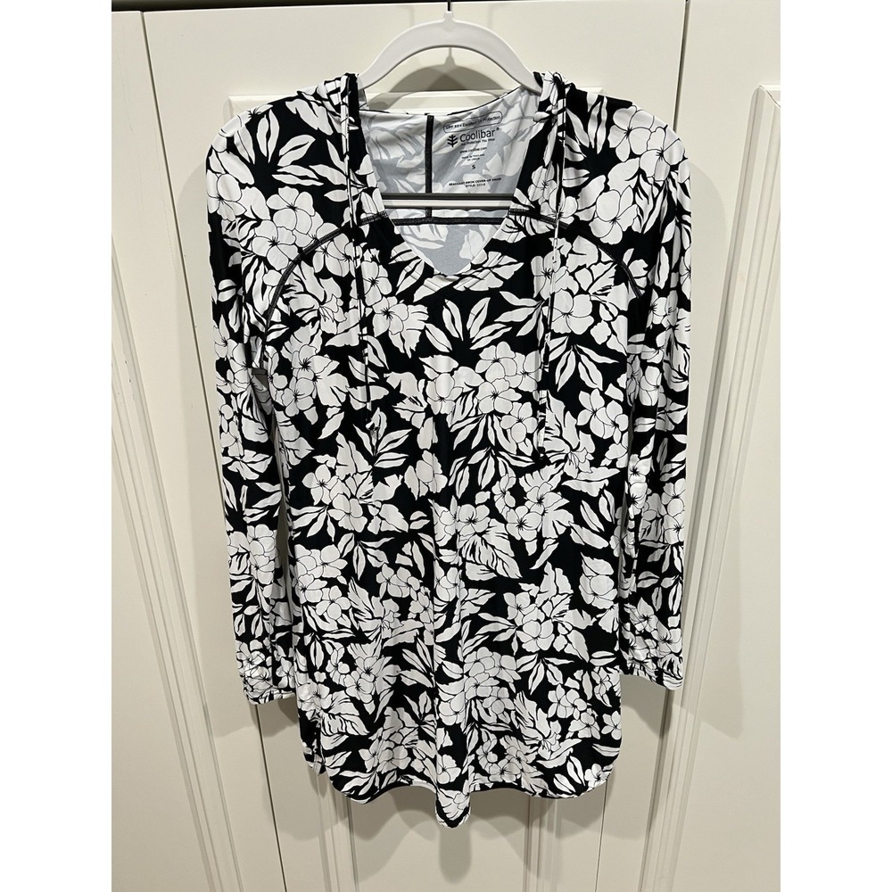 Coolibar Seacoast Swim Coverup Dress UPF 50 Floral Black & White Hooded Beach